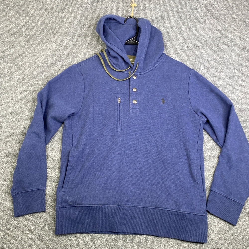 Polo Ralph Lauren Mens Blue Henley Button Hoodie Sweatshirt Small Zip Pocket